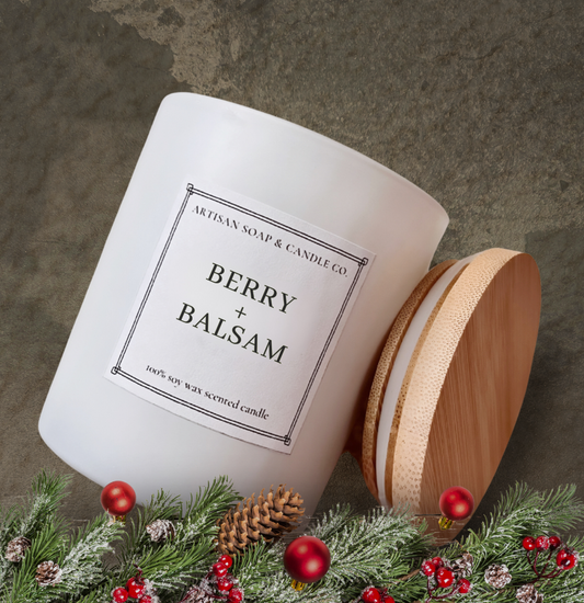 10oz white vessel Berry Balsam scented candle