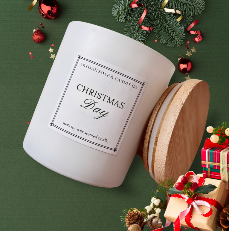 10oz white vessel Christmas Day holiday scented candle